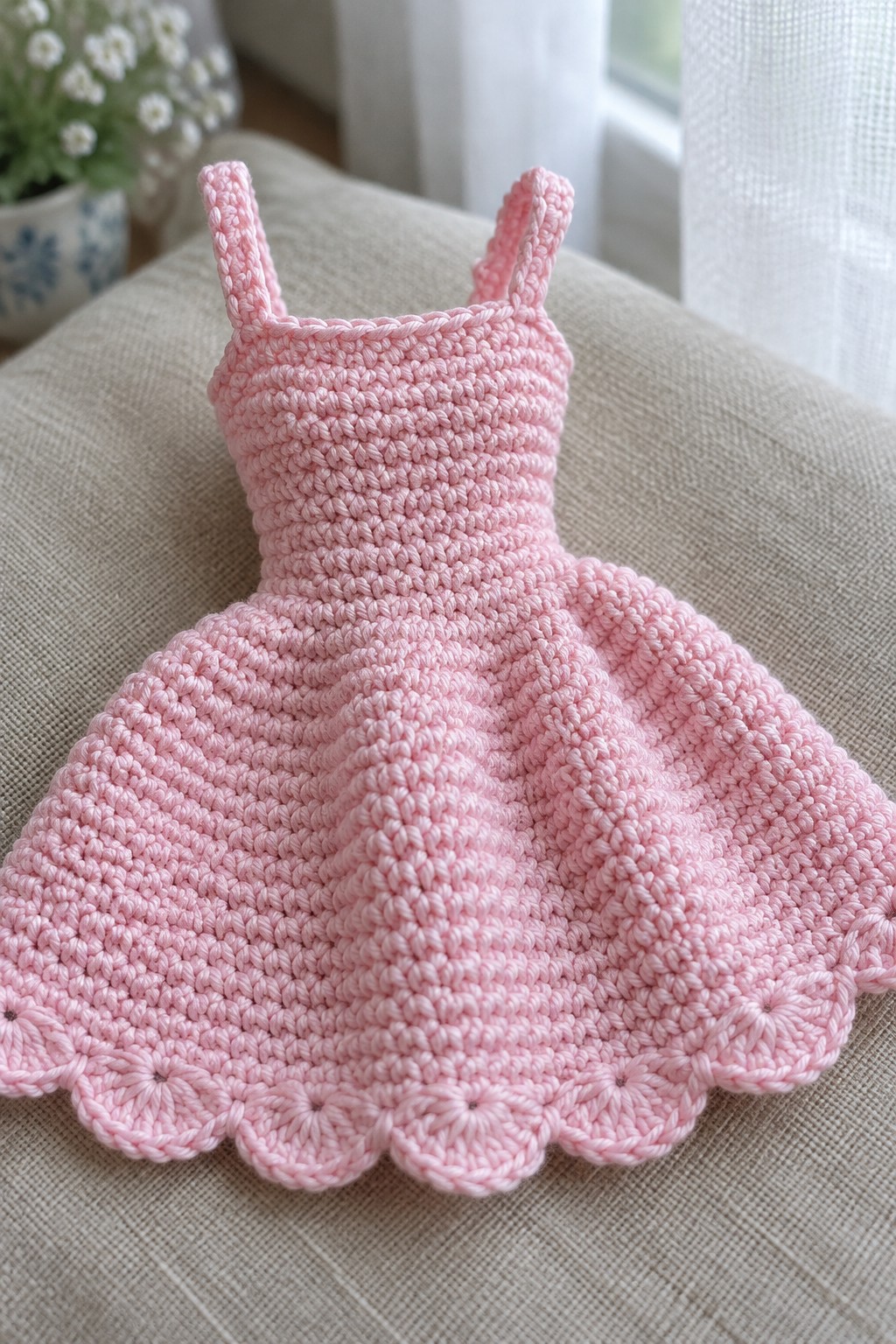 Pink crocheted dress with thin straps and scalloped floral hem on beige fabric