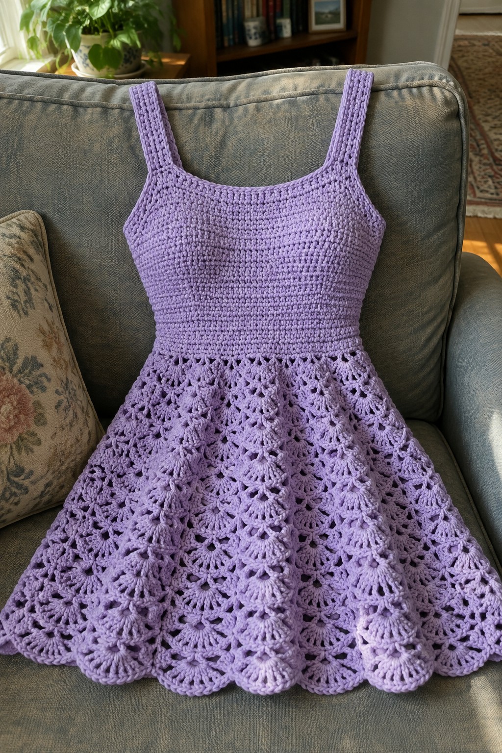 Purple crocheted sundress with lacy flared skirt on gray couch