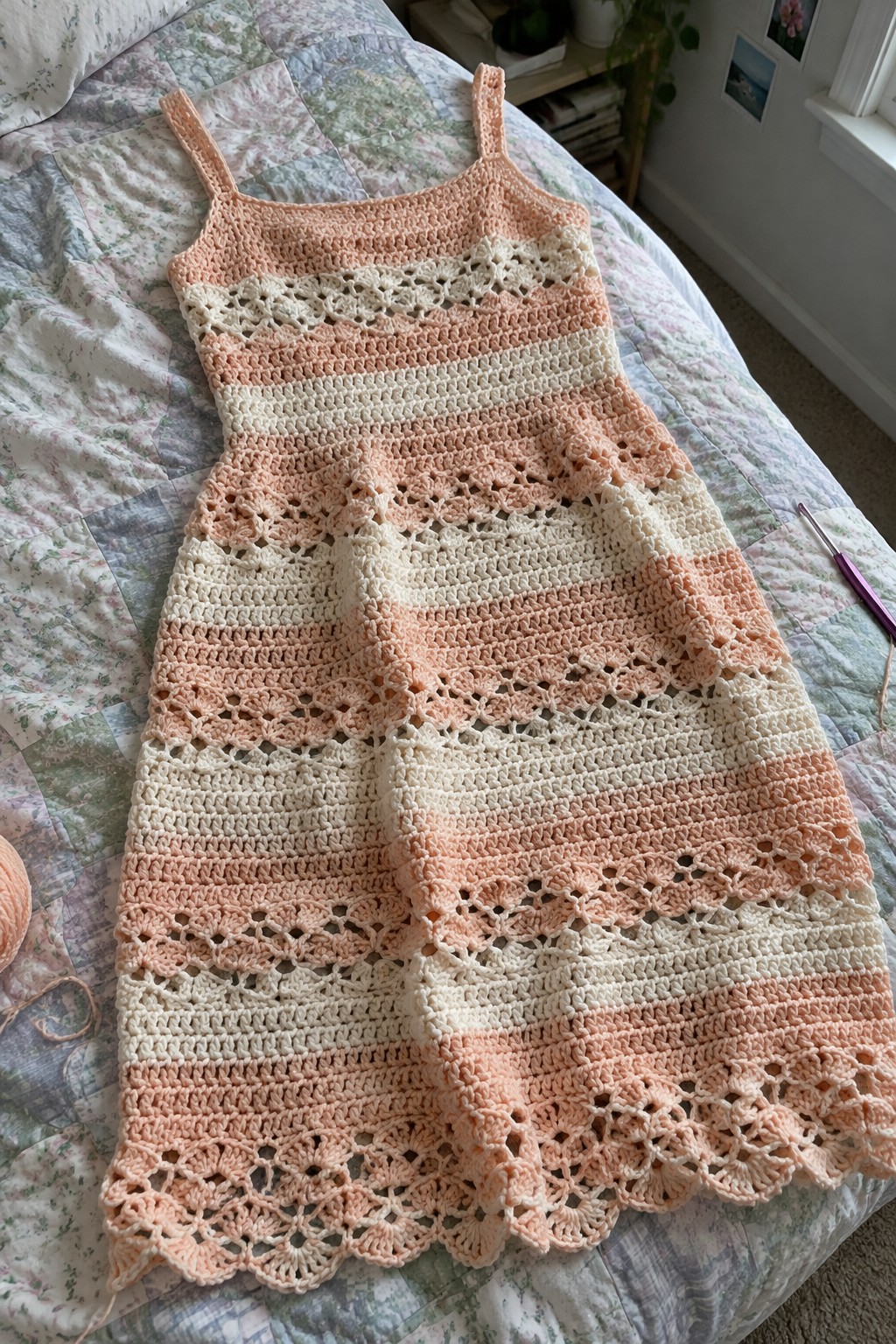 Peach and cream striped crochet sundress with lace patterns on floral quilted bed.