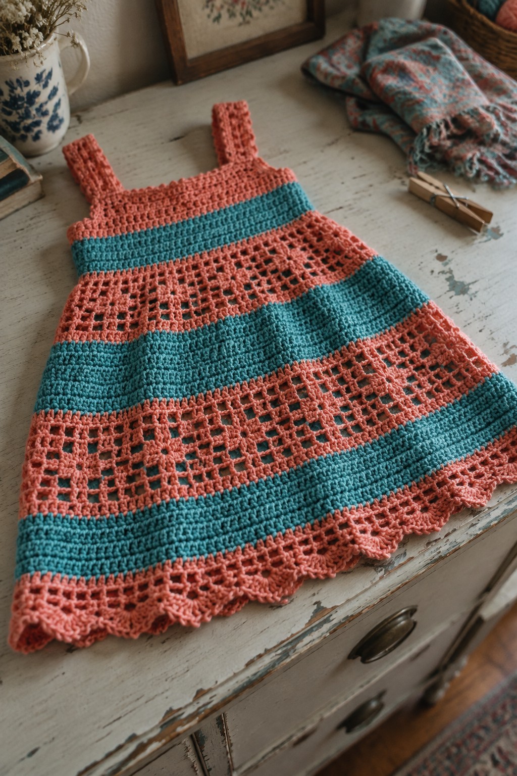 Coral and teal striped crocheted dress with lace patterns on white wooden table.