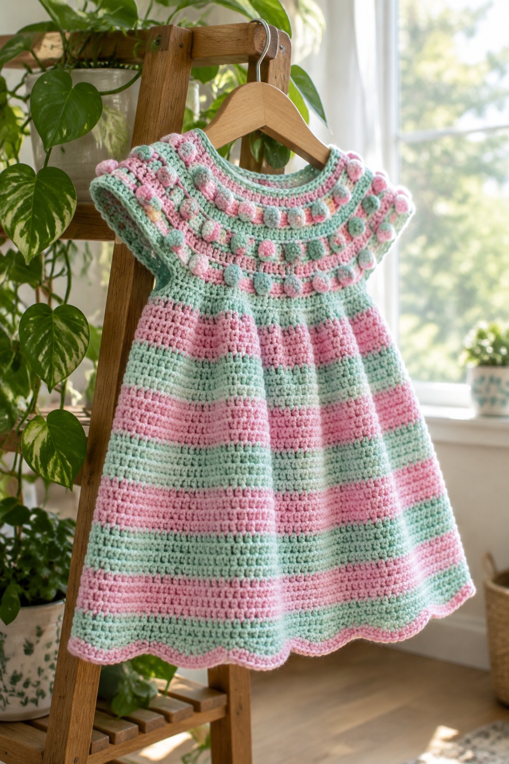 Striped pink and mint crocheted dress with pom-poms hangs on wooden rack.