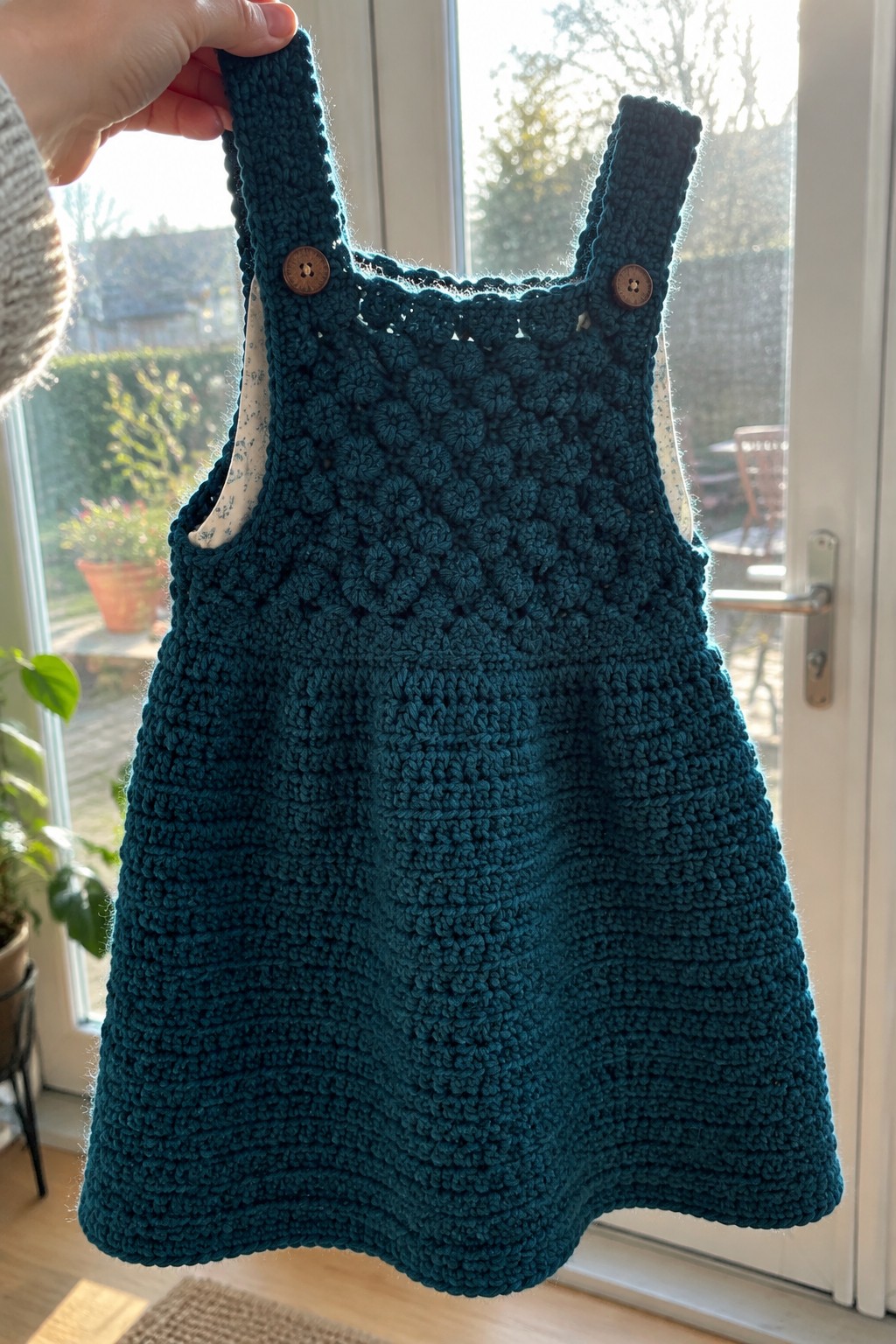 Teal crocheted child's dress with buttoned straps held indoors