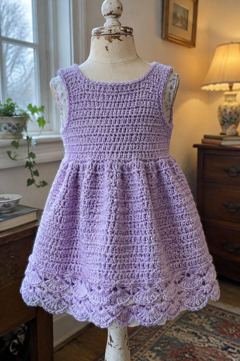 Lavender crocheted sleeveless dress with scalloped hem on a white mannequin