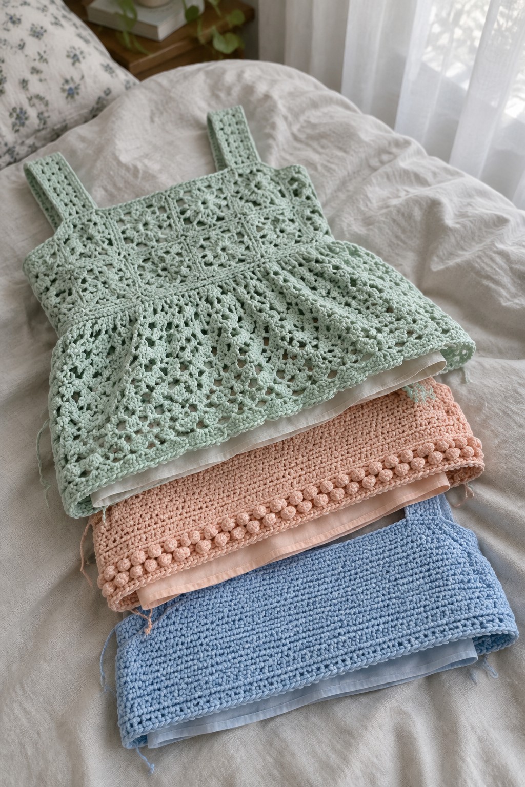 Pastel crocheted tank tops in mint, peach, and blue stacked on bed