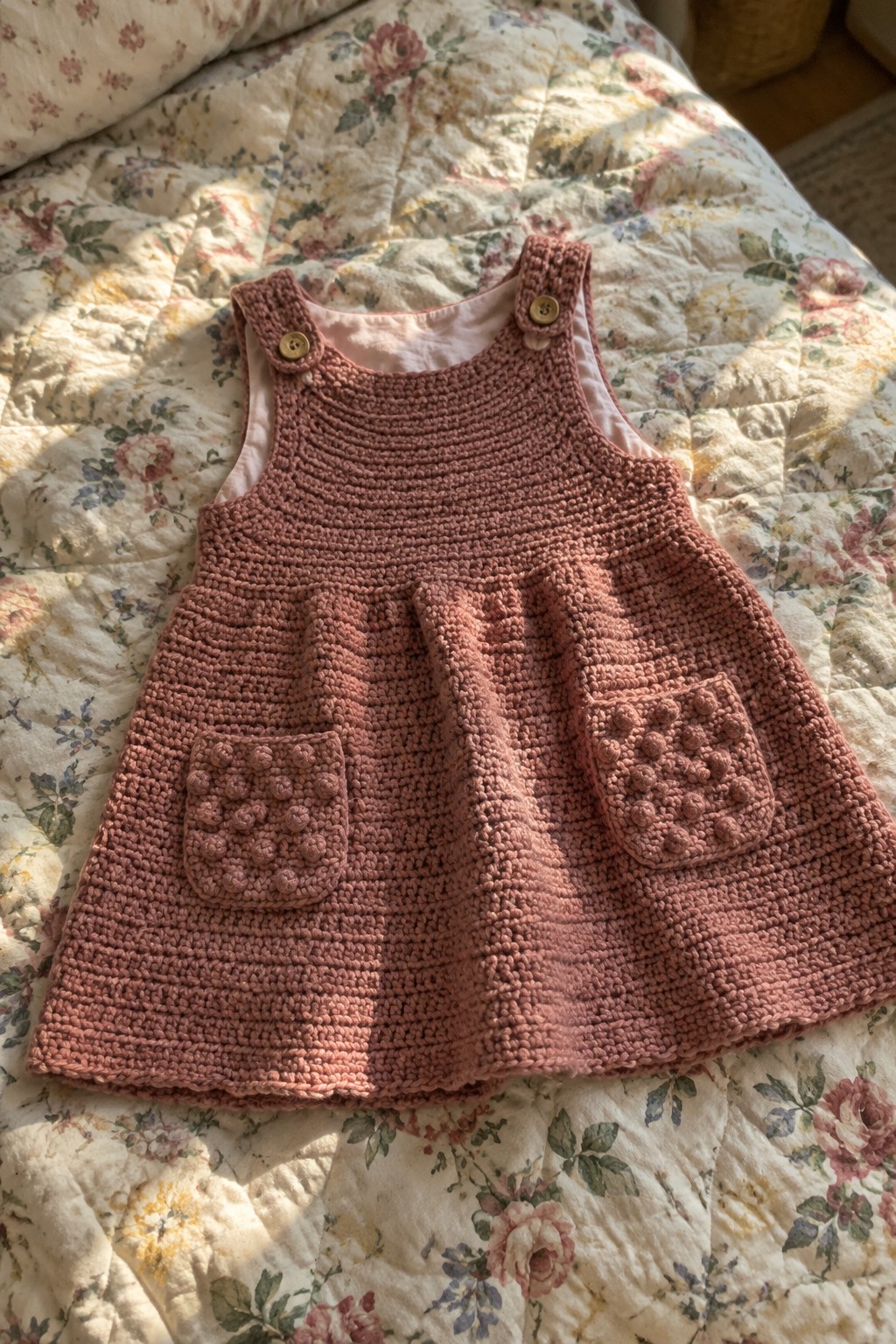 Pink crocheted child's jumper dress with bobble pockets on floral quilt