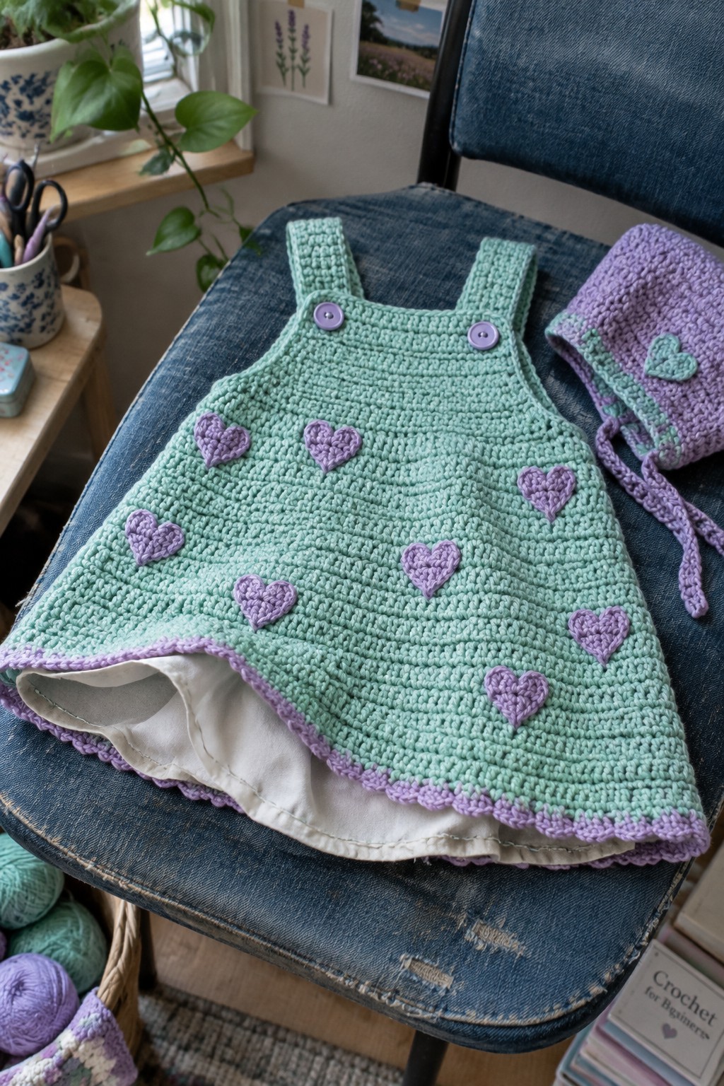 Mint green crocheted dress with purple hearts beside matching bonnet on denim chair.