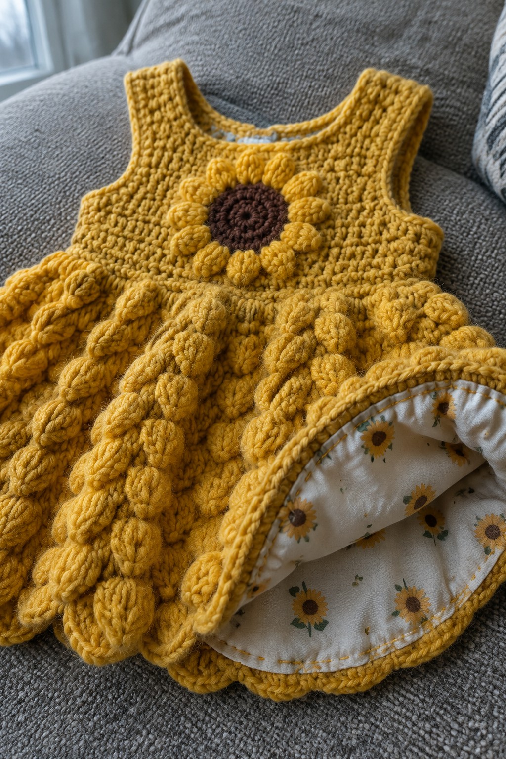 Yellow crocheted sunflower dress with brown center and floral lining on gray fabric.