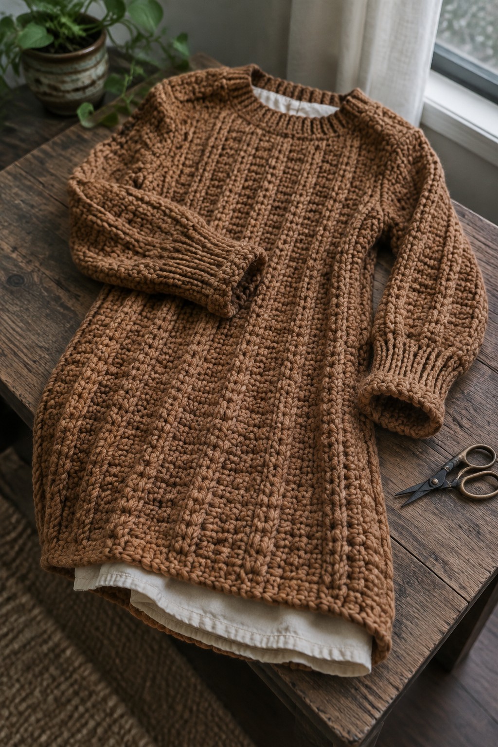 Brown cable-knit sweater laid on rustic wooden table beside scissors and plant.