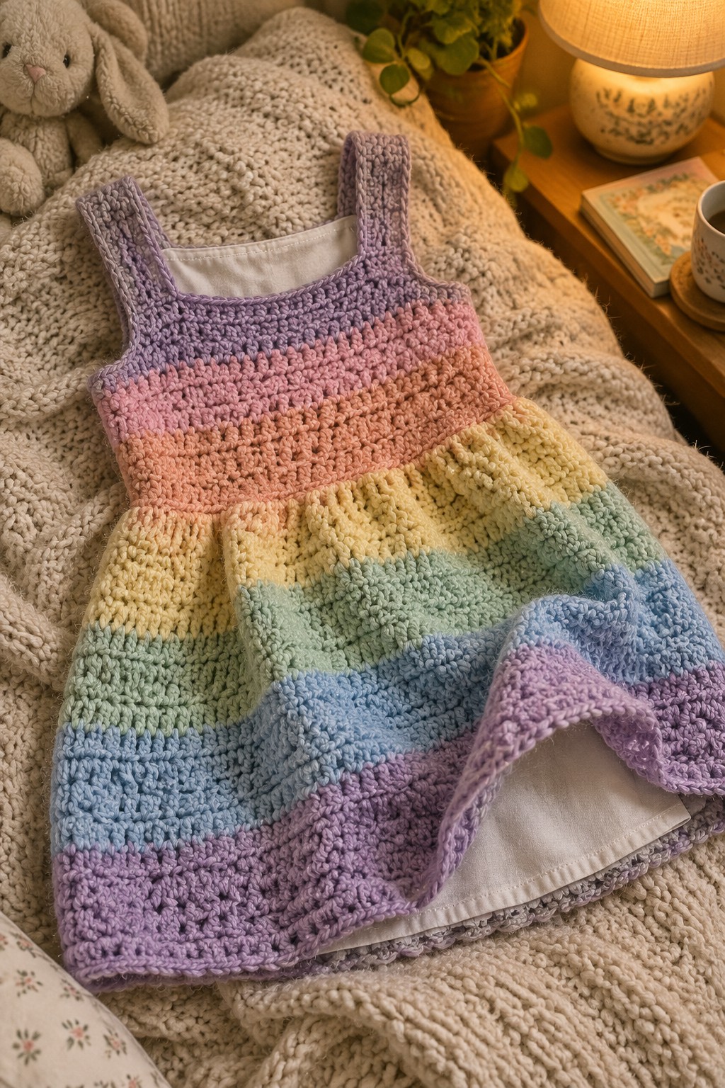 Rainbow crocheted child's dress on beige knitted blanket beside stuffed bunny and lit lamp.