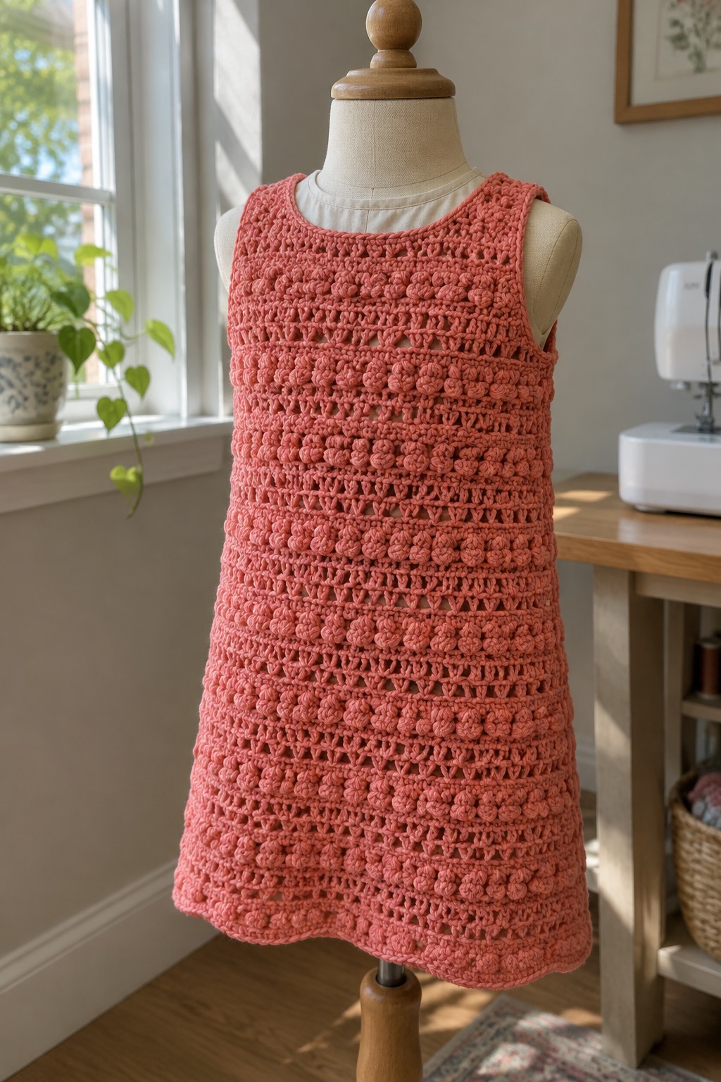 Coral crocheted sleeveless dress on mannequin in sunlit craft room with plants.