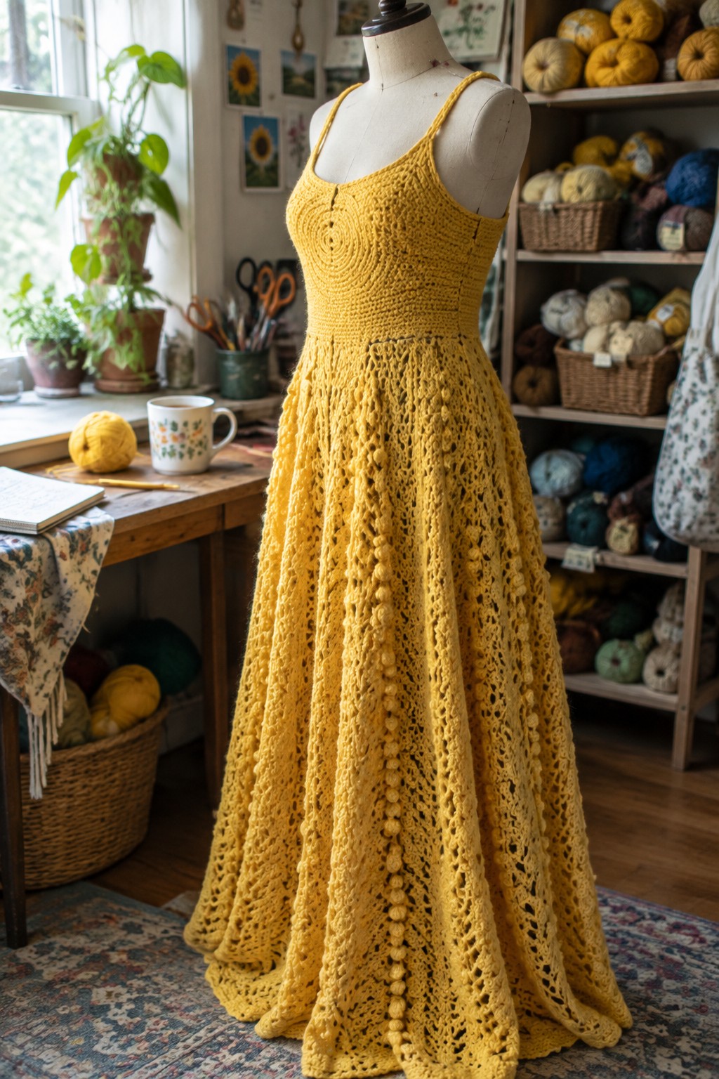 Yellow crocheted lace dress on mannequin in yarn-filled craft room with plants.