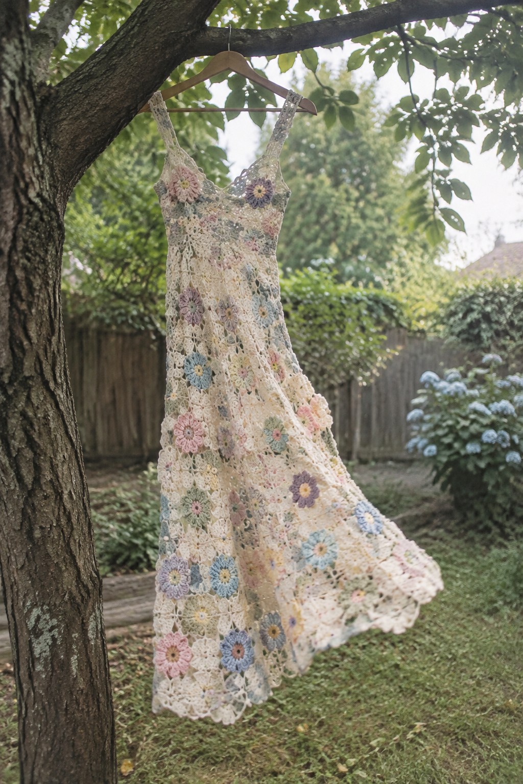 Multicolored crocheted floral dress hanging from wooden hanger on tree branch