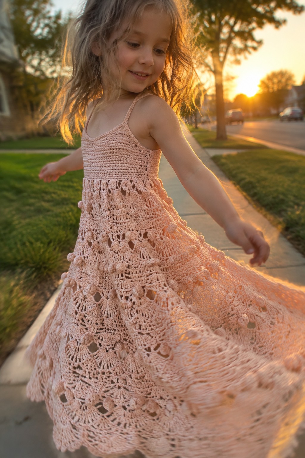 Young girl twirling in pink crocheted dress on sidewalk at sunset