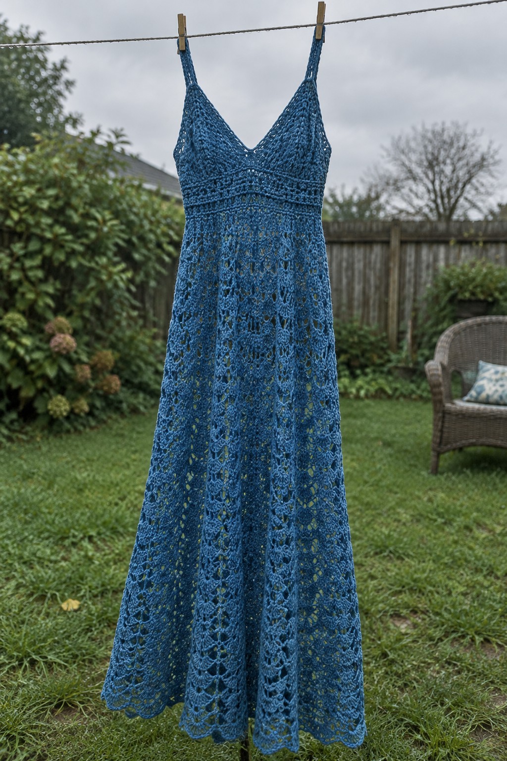 Blue crocheted lace dress hanging on clothesline in backyard garden