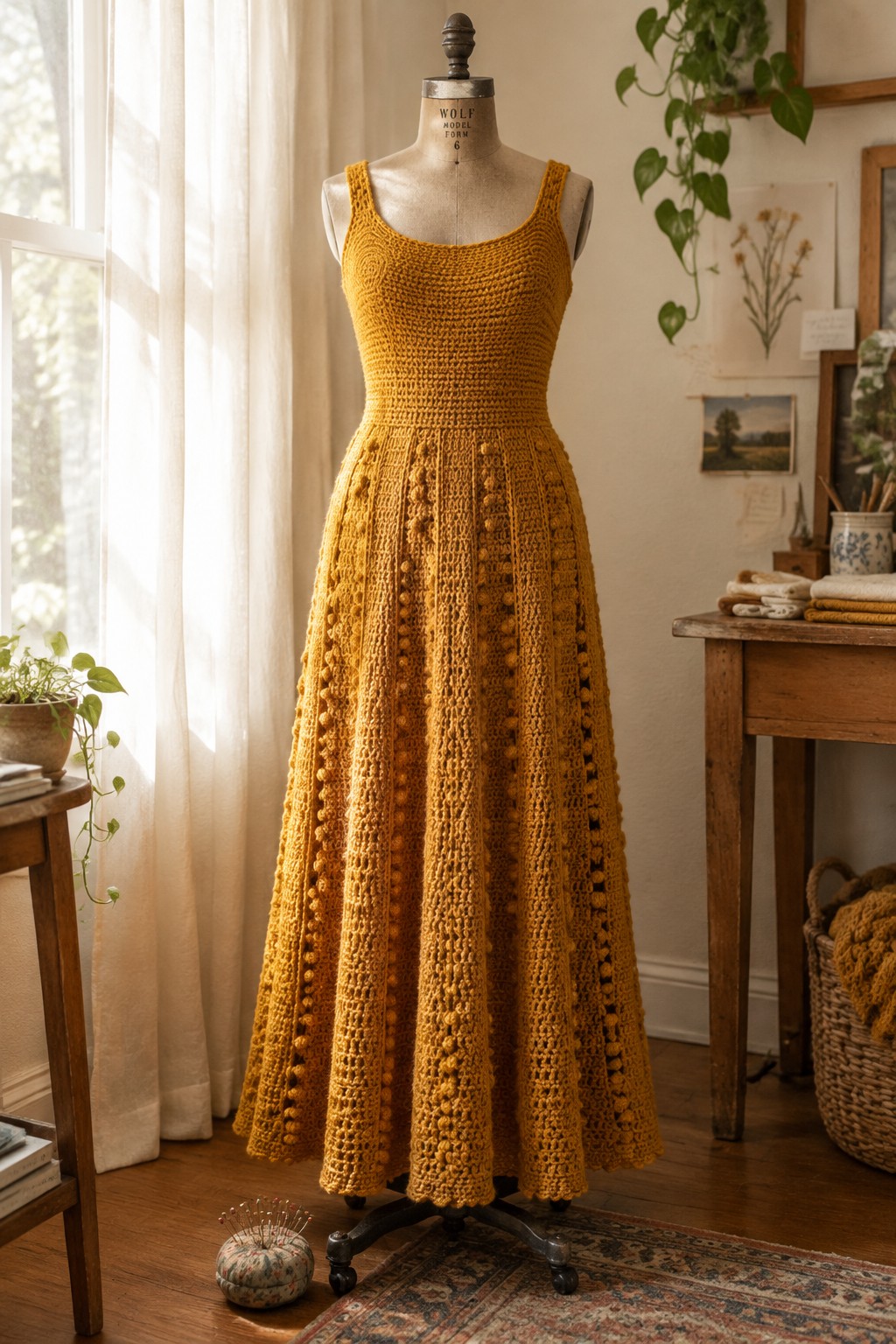 Mustard-yellow crocheted maxi dress with bobbles on mannequin in sunlit craft room.