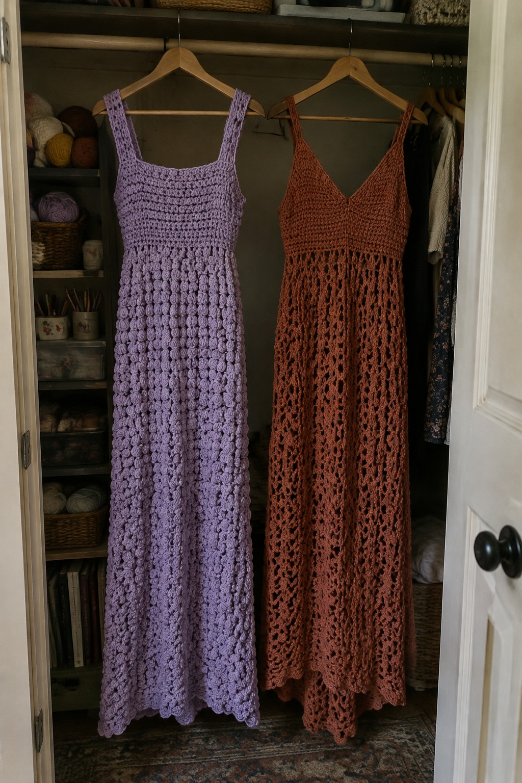 Two long crocheted dresses, purple and rust, hanging in a yarn-filled closet.