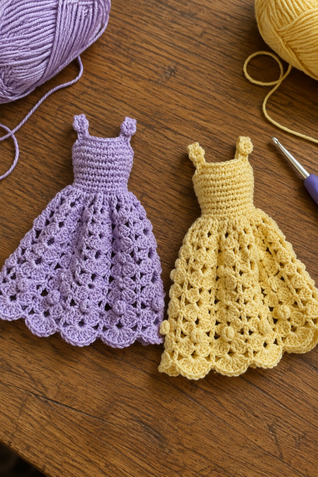 Two crocheted doll dresses in purple and yellow with yarn and hook on wood