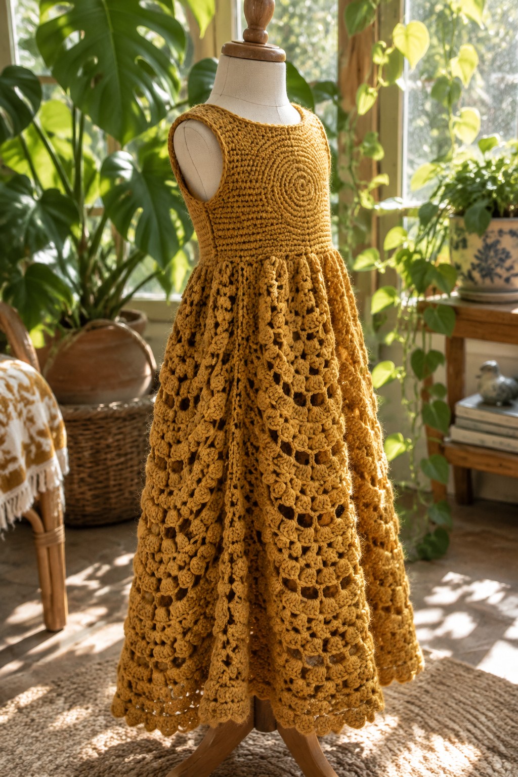 Yellow crocheted dress with lacy skirt on mannequin amid lush green plants