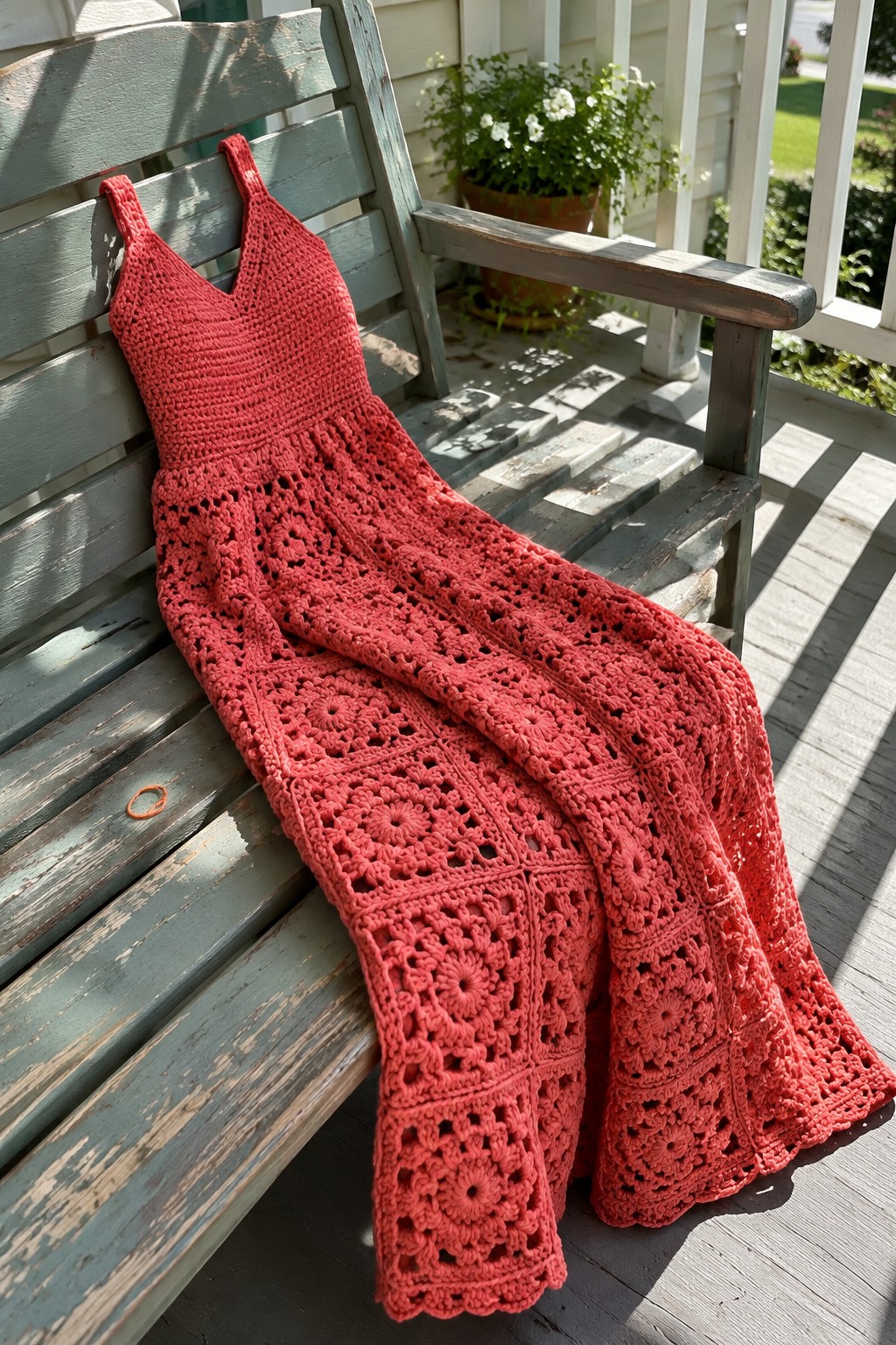 Red crocheted lace dress draped over weathered wooden porch bench in sunlight
