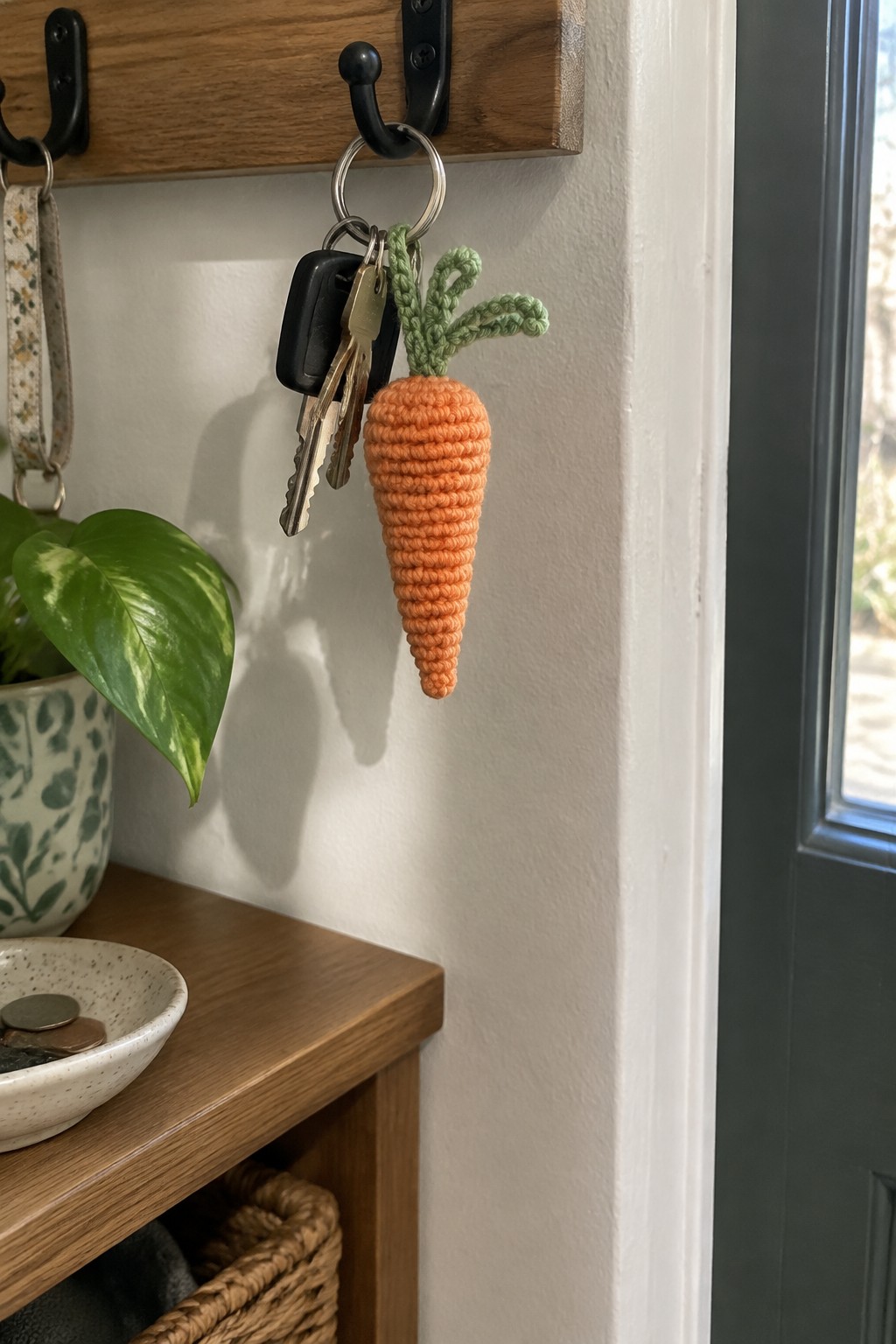 Orange crocheted carrot keychain hangs from black hook on wooden rack