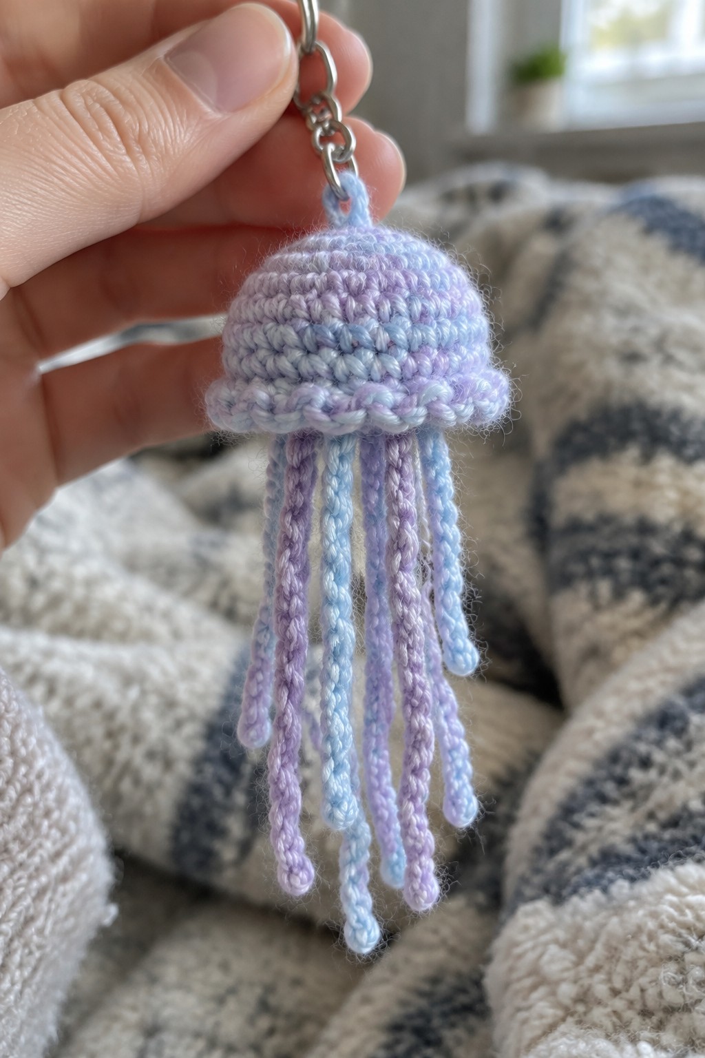 Hand holding pastel crocheted jellyfish keychain with purple and blue tentacles.