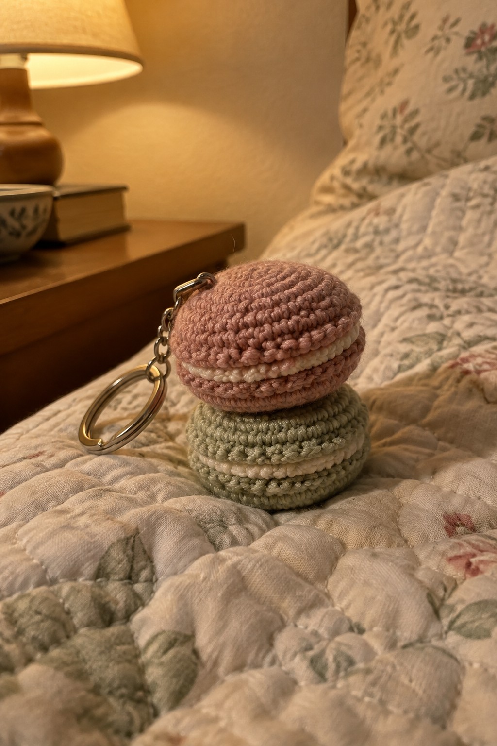 Crocheted pink macaron keychain atop green one on floral quilted bed near lamp.