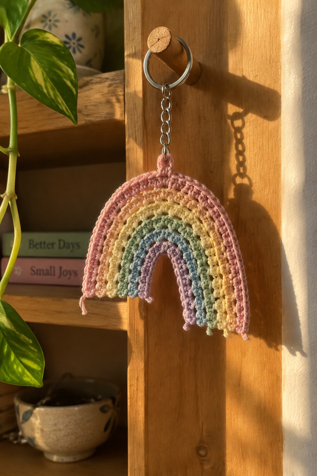 Pastel crocheted rainbow keychain hanging from wooden peg in sunlight