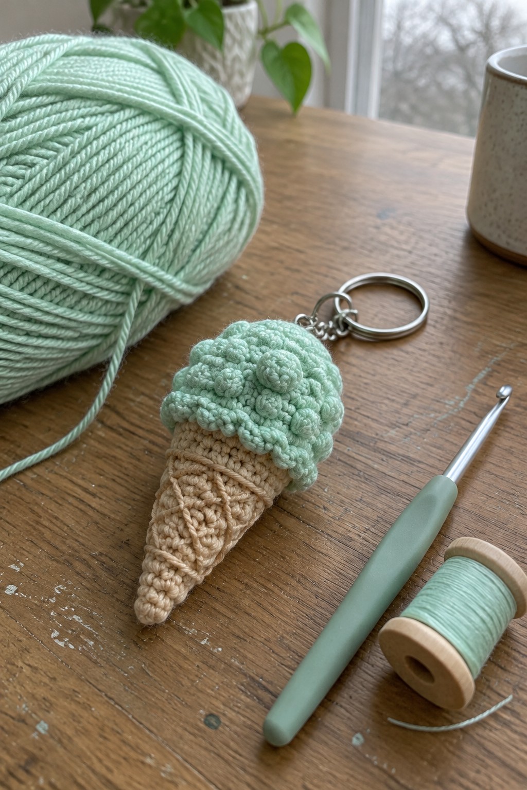 A crocheted mint green and beige ice cream cone keychain sits on a wooden table next to a ball of mint yarn, a crochet hook, and a spool of thread.