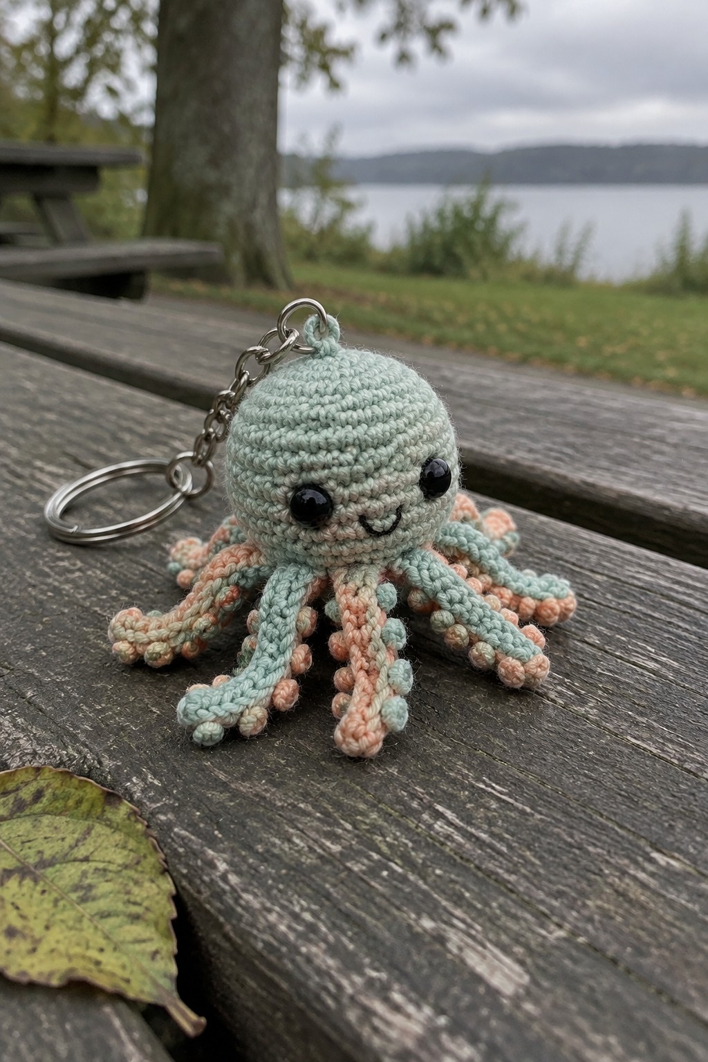 Crocheted mint green octopus keychain with peach tentacles on wooden picnic table by lake