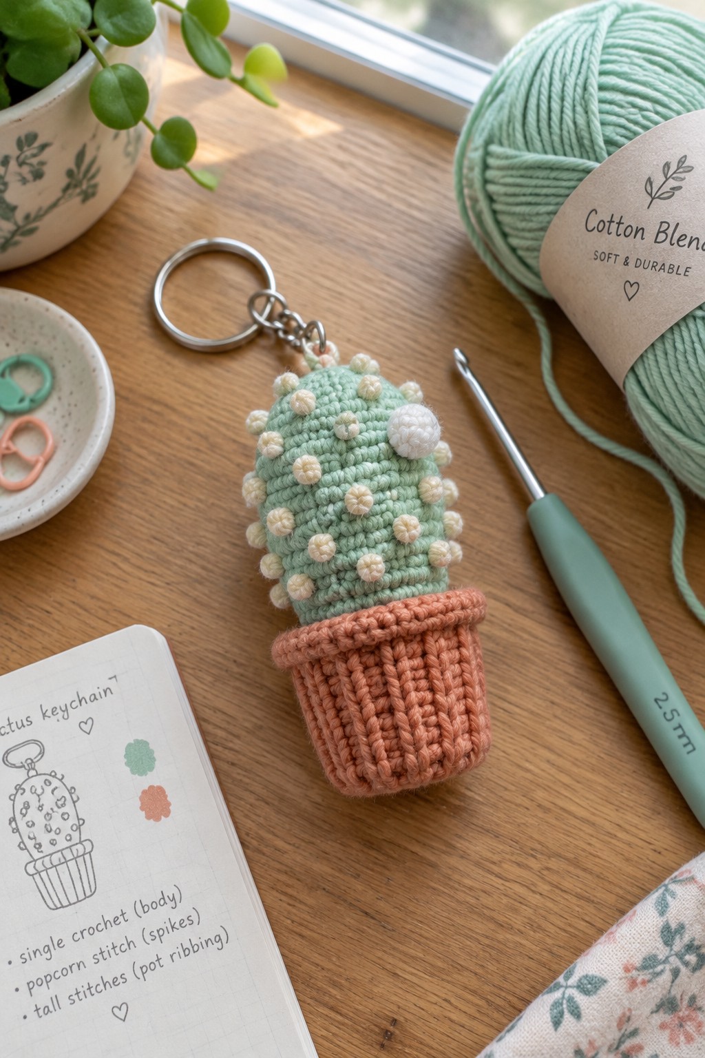 Mint green crocheted cactus keychain with beige spikes in peach pot on wood table