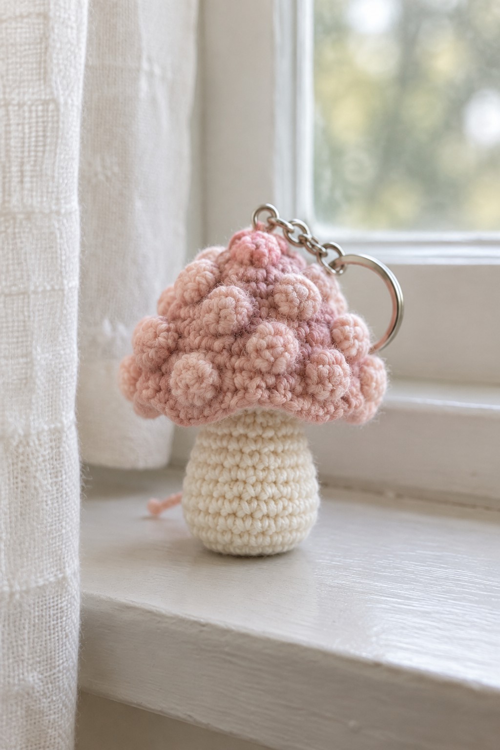 Pink crocheted mushroom keychain with metal ring on white windowsill