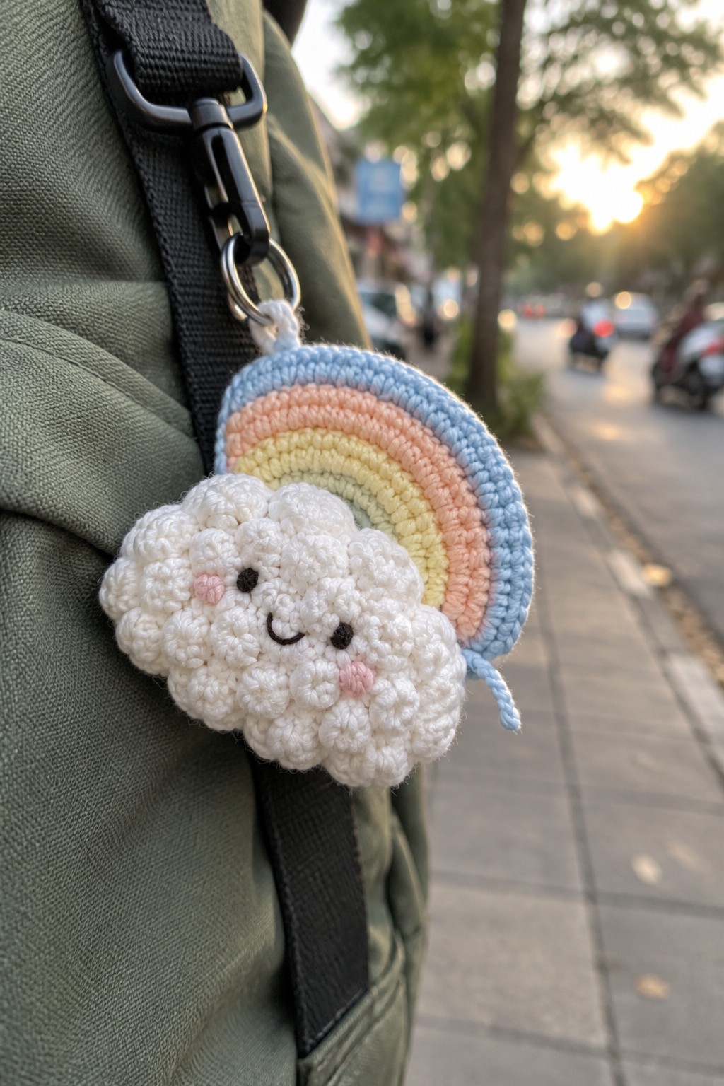 Crocheted white cloud with rainbow face on green jacket strap