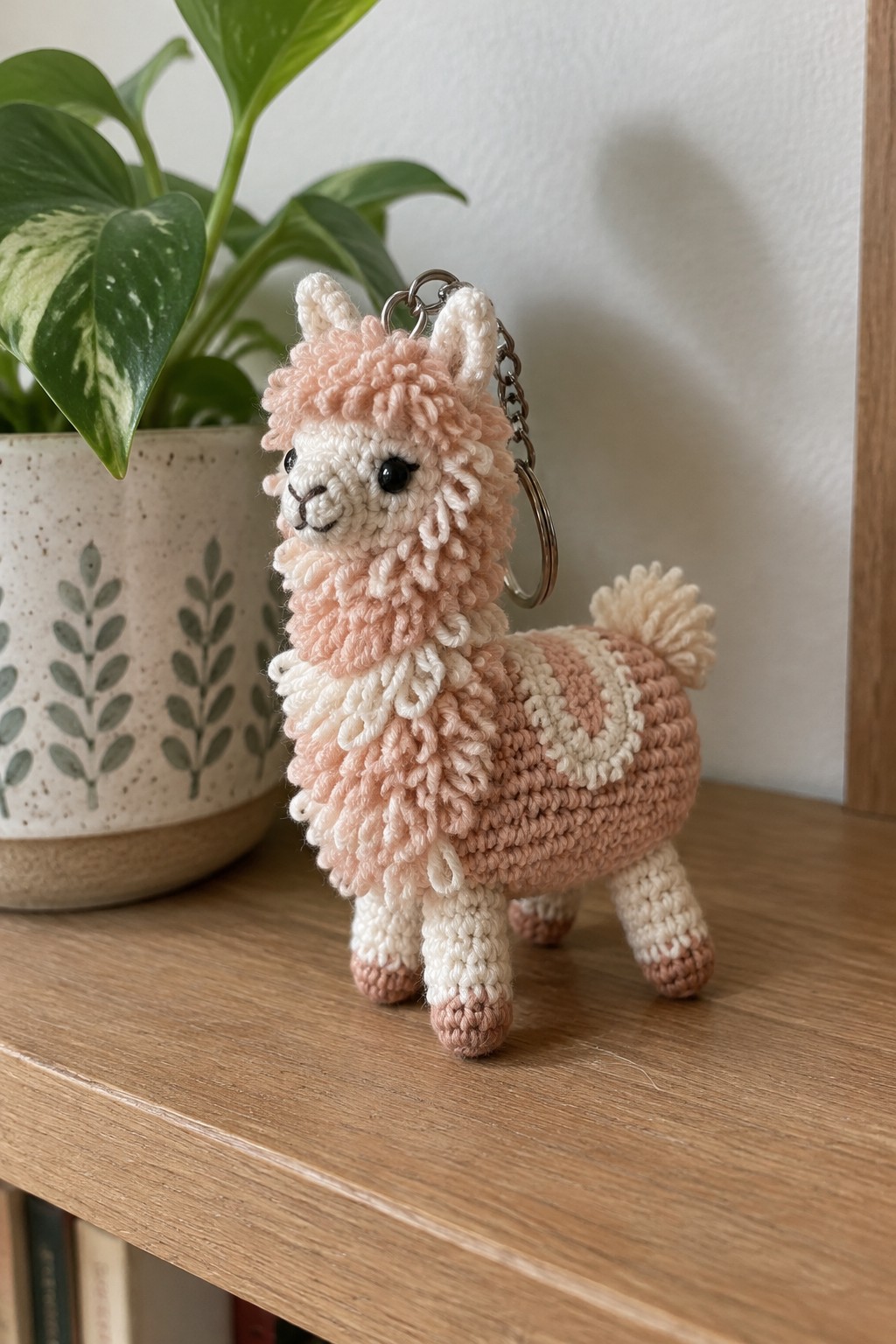 A small crocheted llama keychain in pastel pink and cream stands on a wooden shelf.