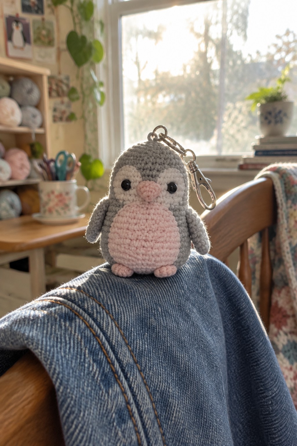 Gray crocheted penguin keychain with pink belly on blue denim jeans