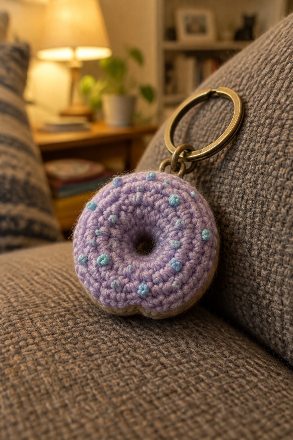 Purple crocheted donut keychain with blue sprinkles on brown couch