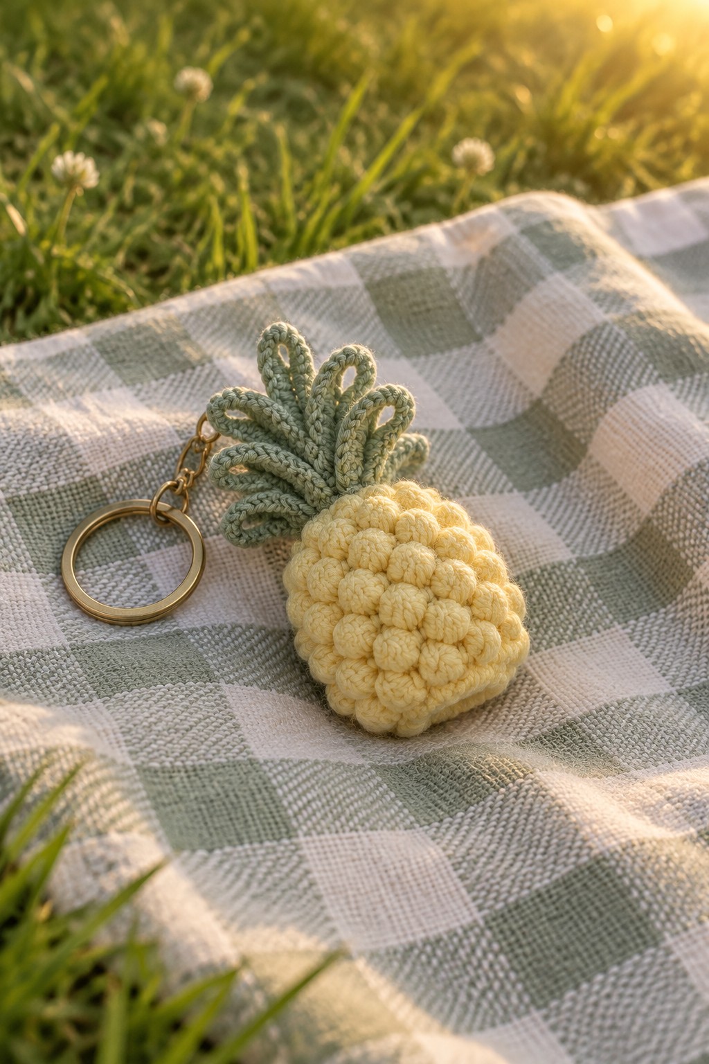 Yellow crocheted pineapple keychain on green gingham blanket in sunny grass field