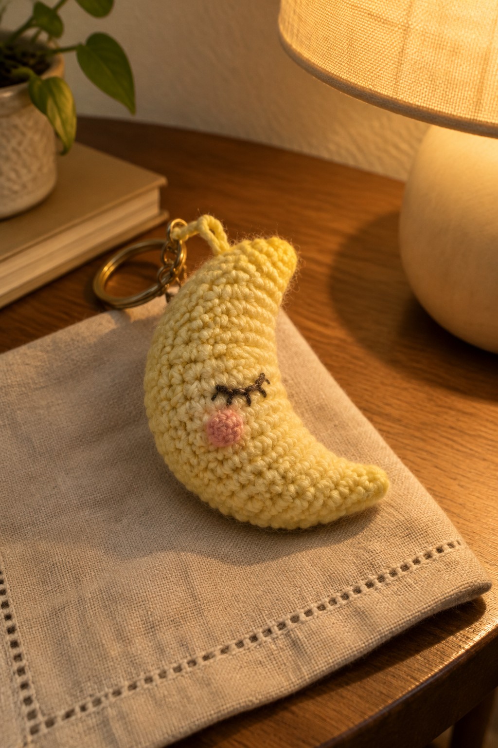 Yellow crocheted crescent moon keychain with sleepy face on beige cloth napkin
