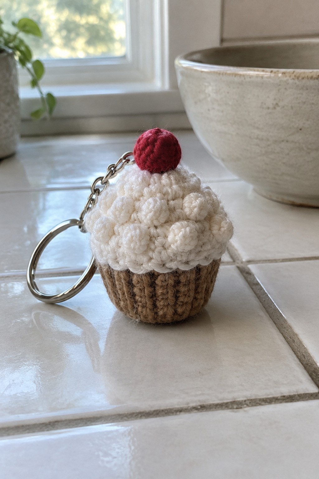 Crocheted cupcake keychain with brown base, white frosting, and red cherry on tiles