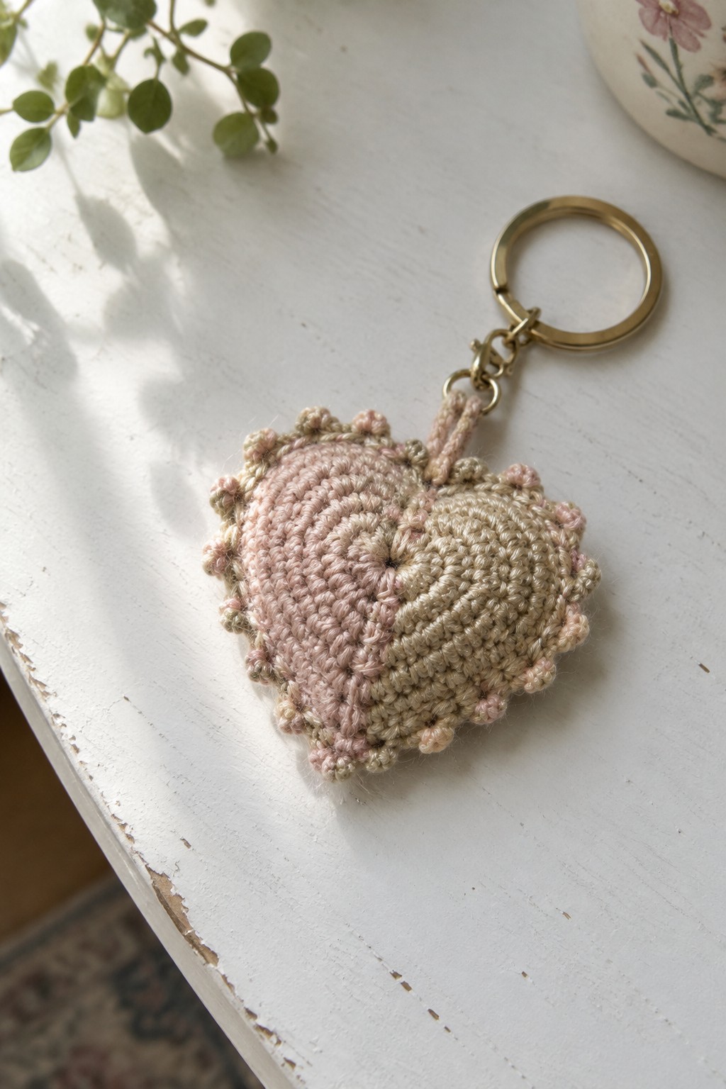 Pink and beige crocheted heart keychain with gold ring on white wood