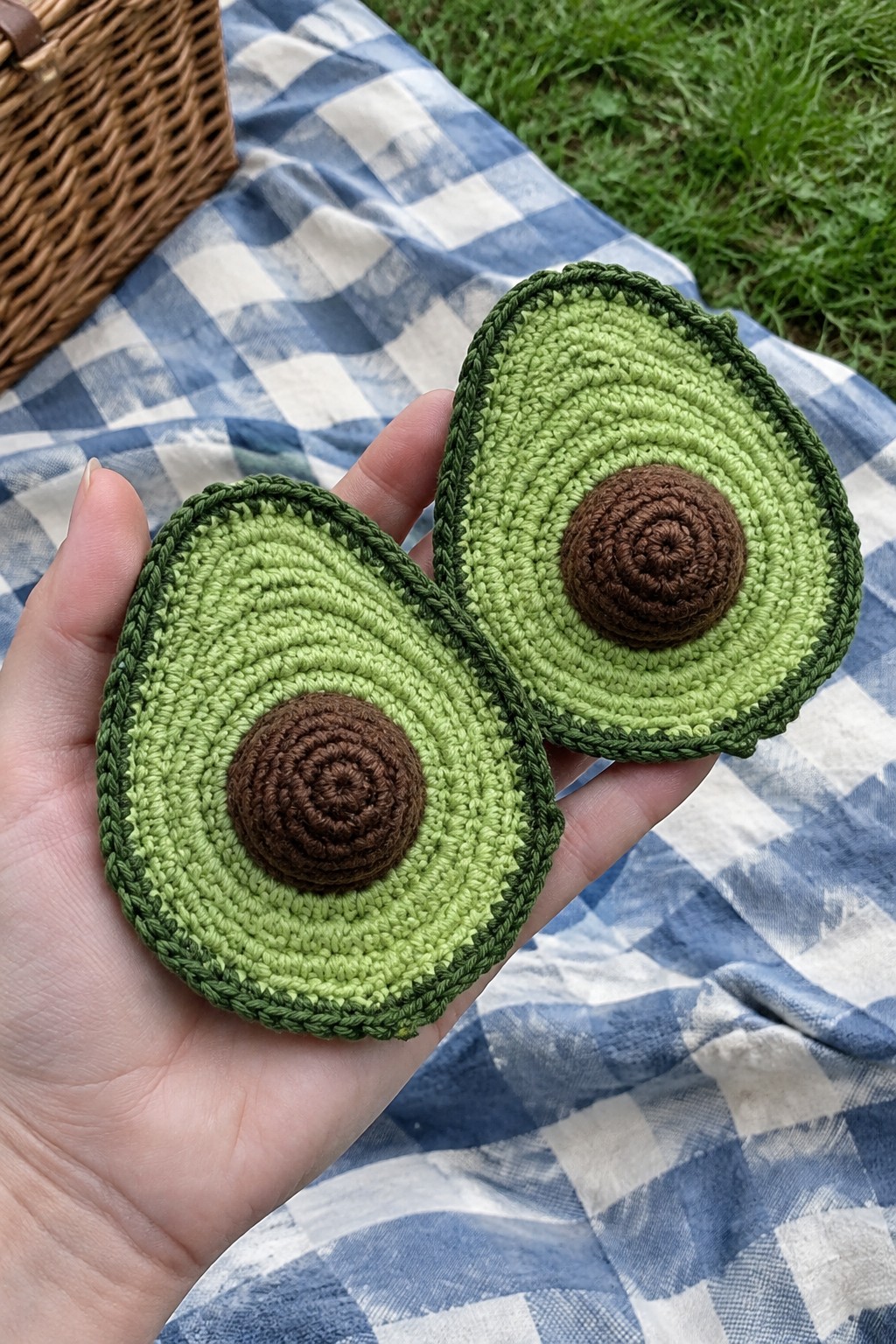 Hand holding two crocheted avocado halves over blue checkered picnic blanket.