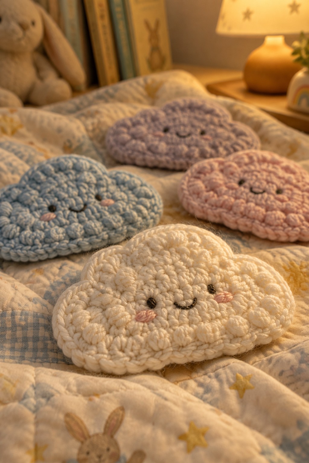 Four pastel crocheted cloud plushies with faces on a quilted blanket