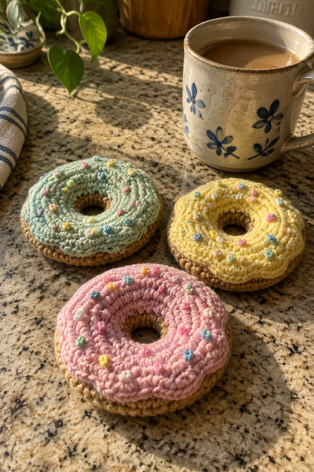 Three pastel crocheted donut coasters beside a floral mug on marble counter