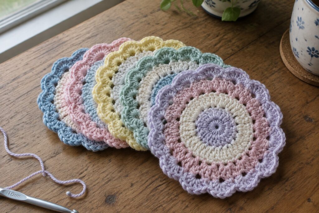 Pastel crocheted coasters fanned across a wooden table with hook and yarn.