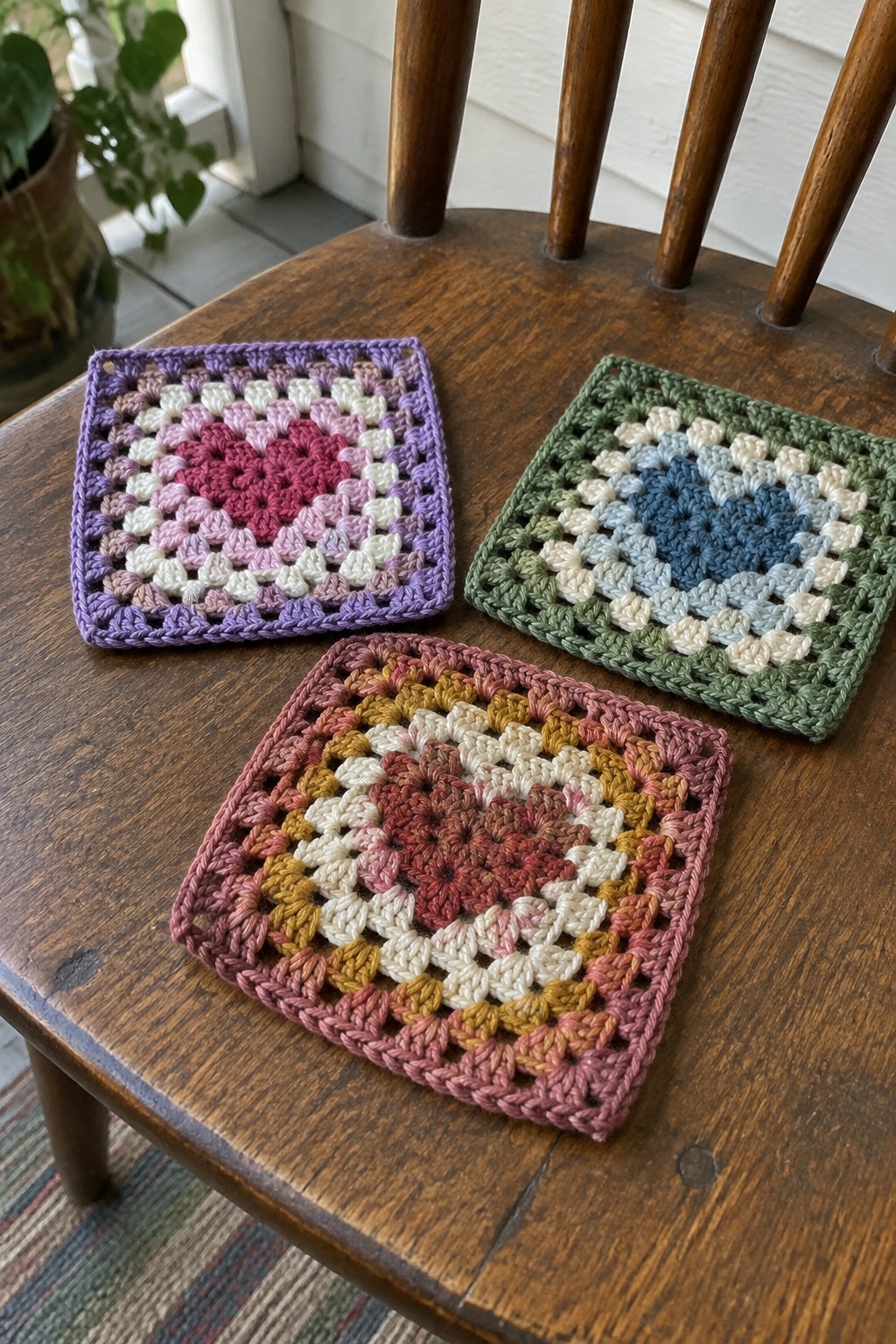 Three crocheted granny squares with heart motifs on a wooden chair