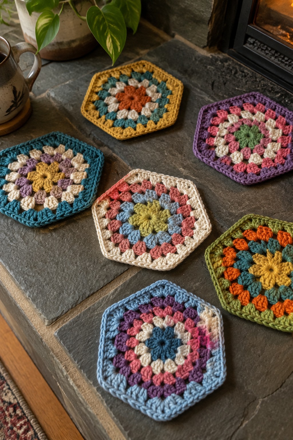 Colorful crocheted hexagons scattered on a dark stone fireplace hearth with mug nearby.