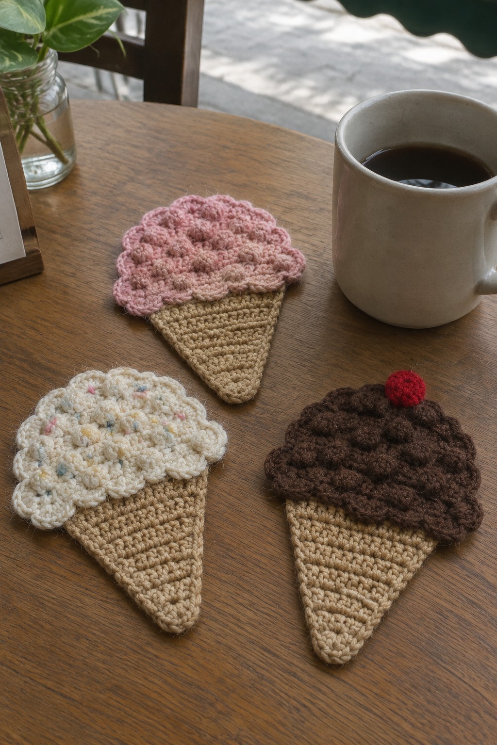 Three crocheted ice cream cone coasters beside coffee mug on wooden table