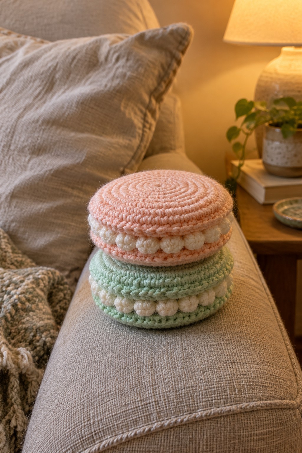 Stacked pink and mint crocheted macaron cushions on a beige couch
