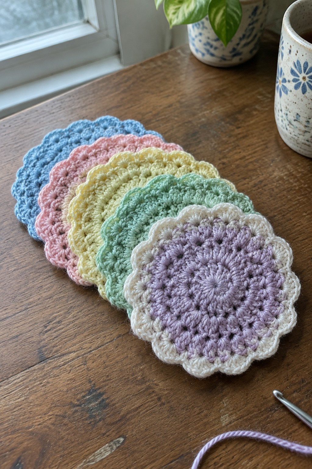 Pastel crocheted coasters fanned across a wooden table with hook and yarn.