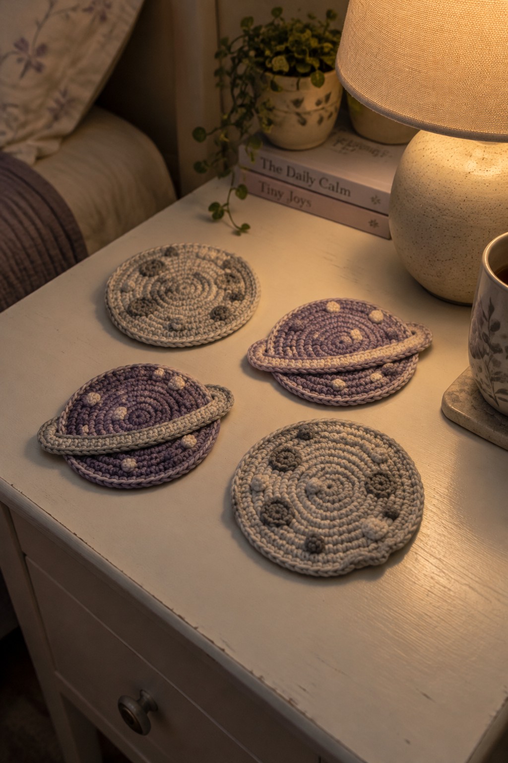 Four crocheted Saturn coasters in neutral tones on a white nightstand