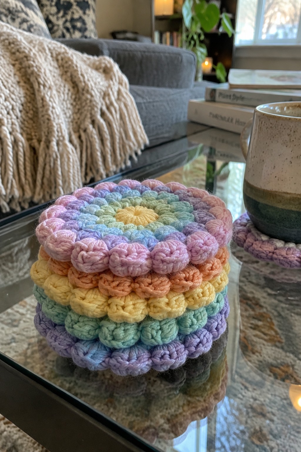 Rainbow crocheted coasters stacked on glass table beside ceramic mug